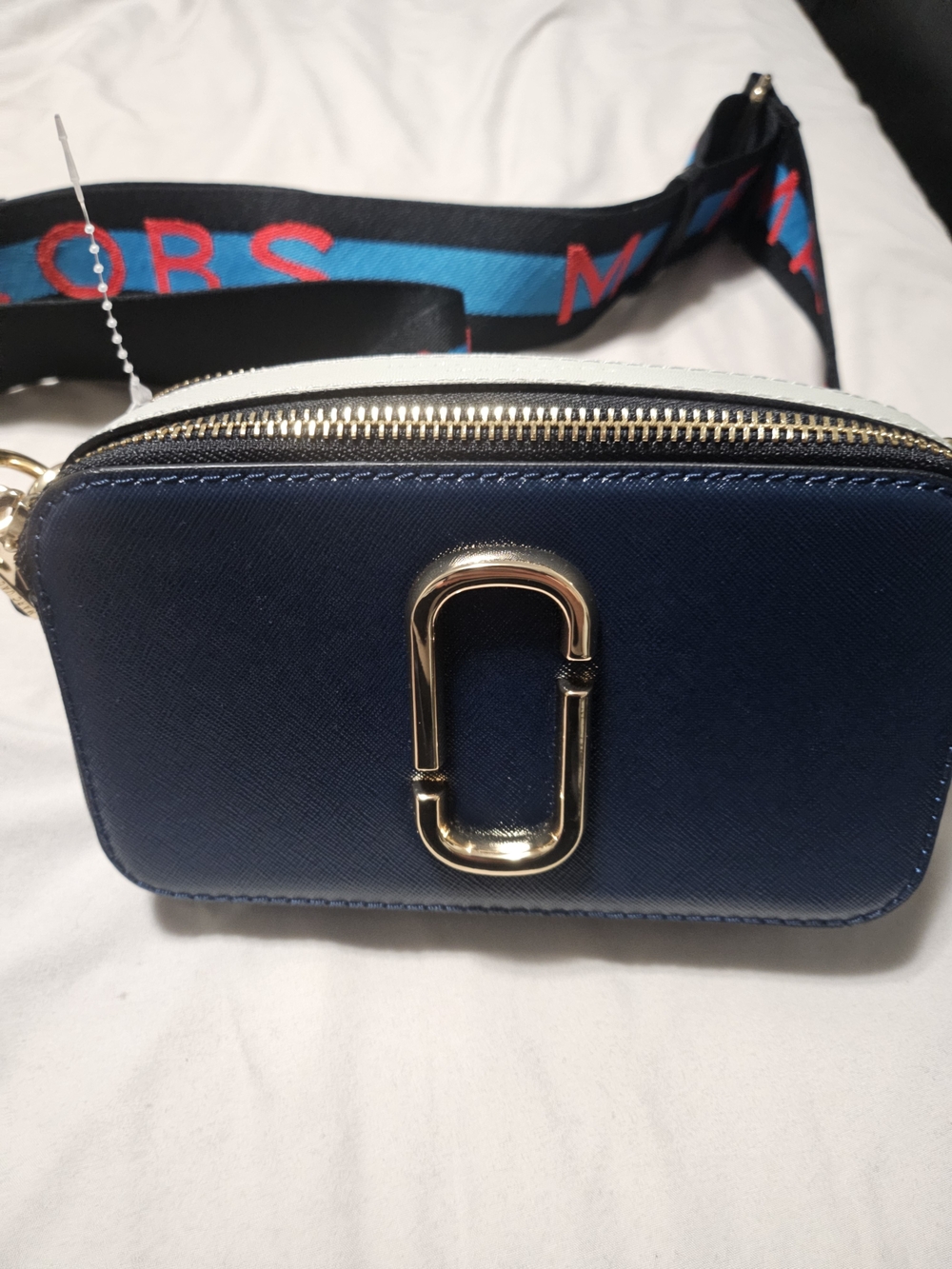 Marc Jacobs Navy and White Crossbody Camera Bag with Blue and Red Logo Strap